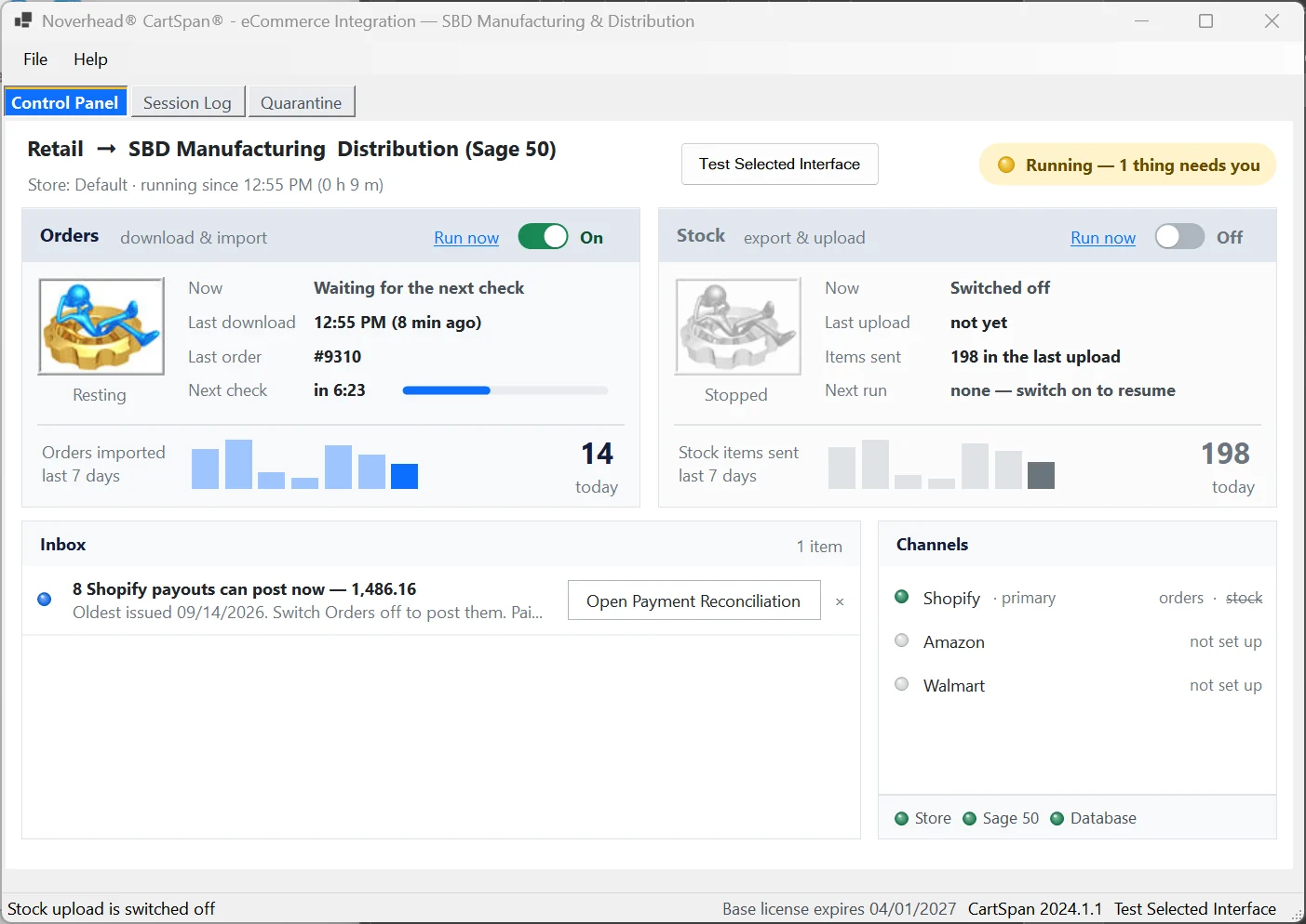 CartSpan’s Control Panel: Orders and Stock panels with their schedules and 7-day bars, an Inbox line saying Shopify payouts can post, and green connection lights for the store, Sage 50 and the database.